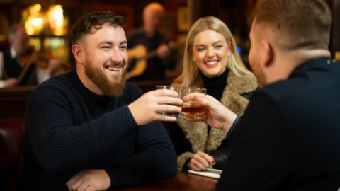 Guests enjoying drinks in Kilkenny Hibernian Hotel bar with live music atmosphere